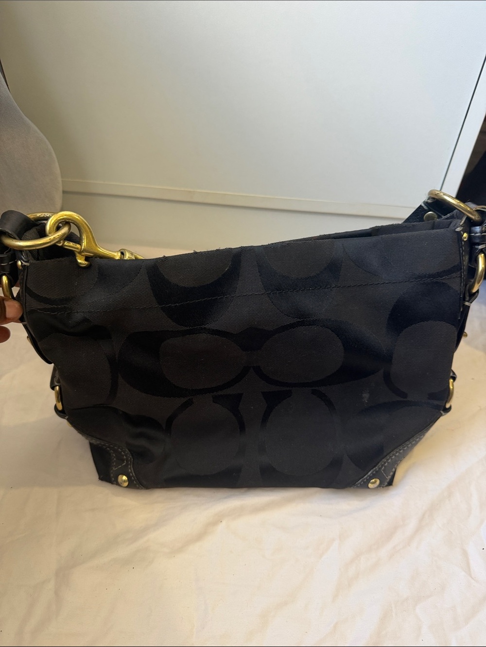 Coach Black Signature Jacquard Shoulder Bag with Gold Hardware